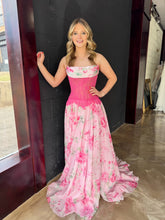 Pink Print A-line Strapless Long Prom Dresses With Lace Floral Evening Dresses SKL005|Selinadress