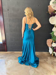 Peacock Fitted Jersey Corset Mermaid Prom Dress with High Slit & Scoop Neck Satin Eveing Dress SKL009|Selinadress