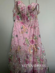 Off-the-shoulder Pink Long Prom Dresses With Floral Evening Dresses SEA059|Selinadress