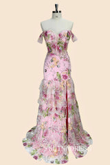 Off-the-shoulder Pink Long Prom Dresses With Floral Evening Dresses SEA059|Selinadress