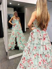 A Line Strapless Floral Chiffon Tiered Long Prom Dresses SEA054|Selinadress