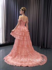 Off-the-shoulder Pink Lace Prom Dress Luxury Evening Gown Wedding Dress 241094