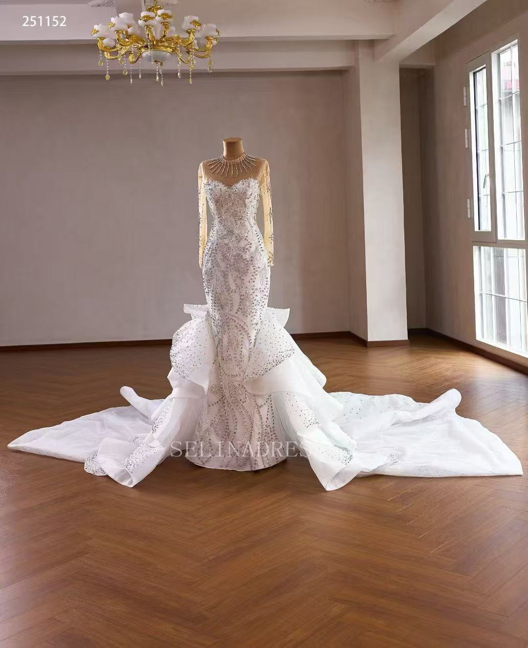 Luxury White Mermaid Wedding Dress With Long Sleeve& Rhinestone Bridal Gowns 251152|Selinadress