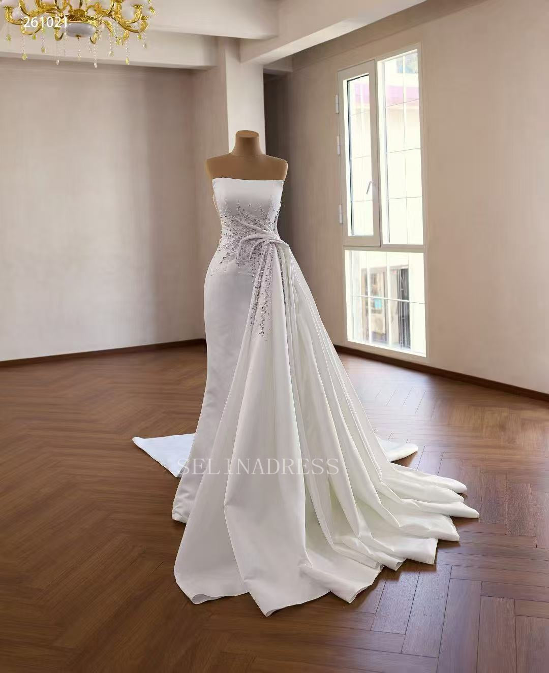 Luxury White Mermaid Satin Wedding Dress With Strapless & Rhinestone Bridal Gowns 2511021|Selinadress