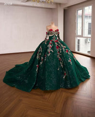 Dark Green Luxury Ball Gown Prom Dress With Red Floral Lace Quincess Evening Gowns 261038|Selinadress
