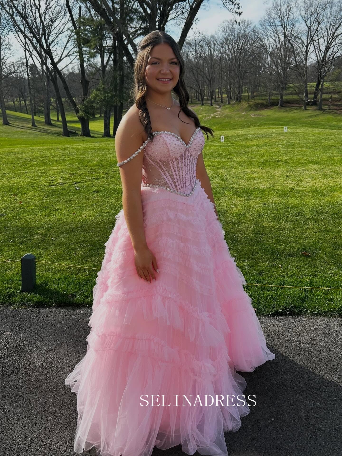 Sweetheart Pink Tiered Party Prom Dress With Pearl Beads&Ruffles Tulle lck028|Selinadress