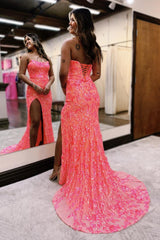 Cute Mermaid Strapless Coral Sequins Long Prom Dress with Slit lpk538