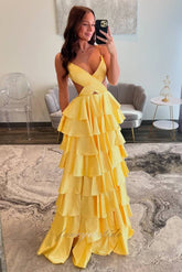 A-Line Straps V-Neck Red Ruffle Layered Prom Dress lck008