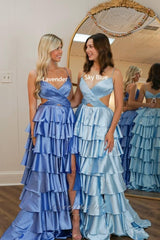 A-Line Straps V-Neck Red Ruffle Layered Prom Dress lck008