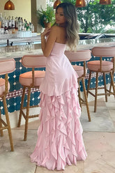 Strapless Black Ruffle High Slit Prom Dress lck006