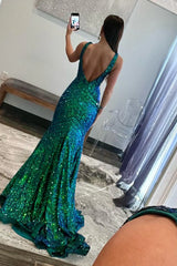 Charming Dark Green V neck Sparkly Sequins Mermaid Prom Dress lpk559