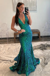 Charming Dark Green V neck Sparkly Sequins Mermaid Prom Dress lpk559