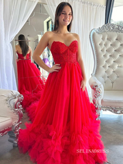 A-Line Red Sweetheart Corset Ruffle Prom Dress lpk567|Selinadress