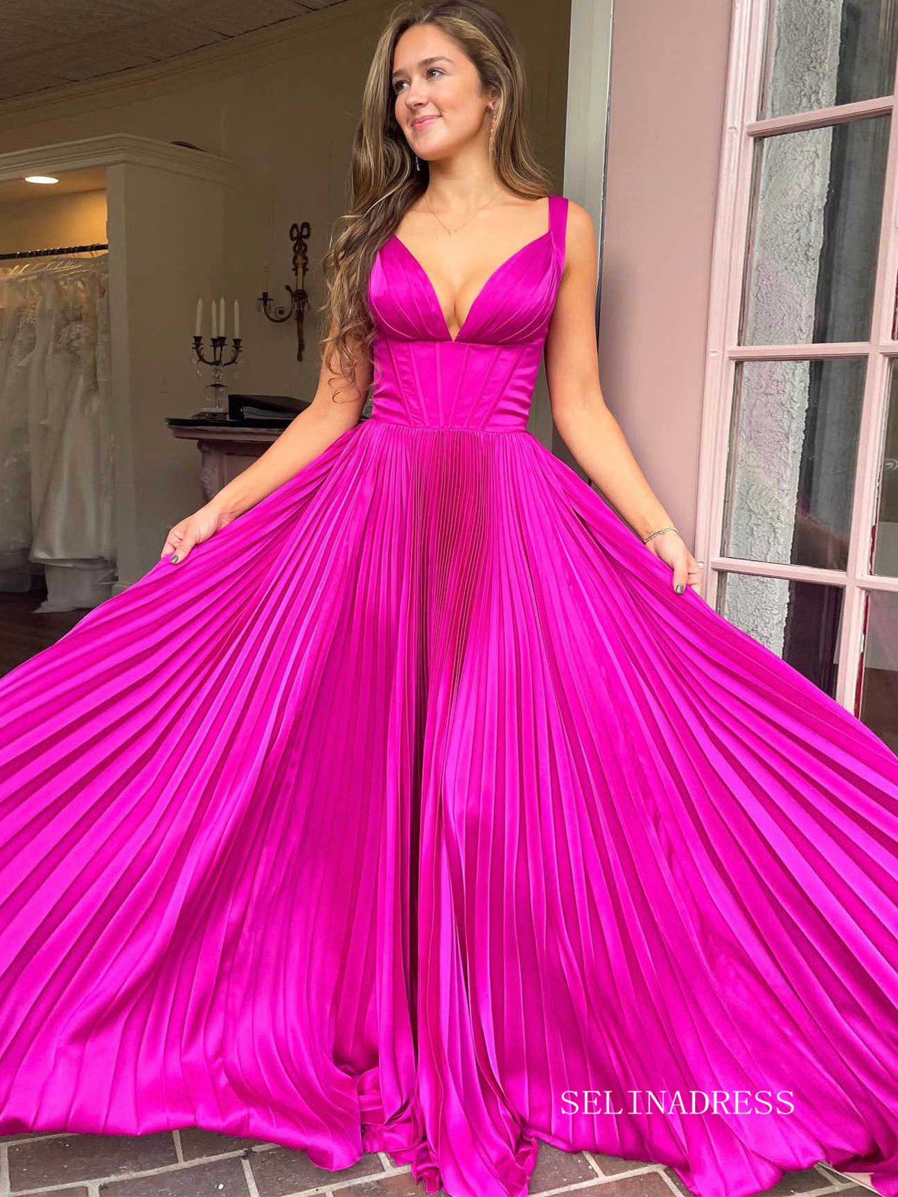 A-Line V-Neck Fuchsia Pleated Long Prom Dress lpk565|Selinadress