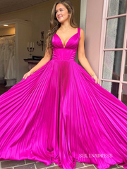 A-Line V-Neck Fuchsia Pleated Long Prom Dress lpk565|Selinadress