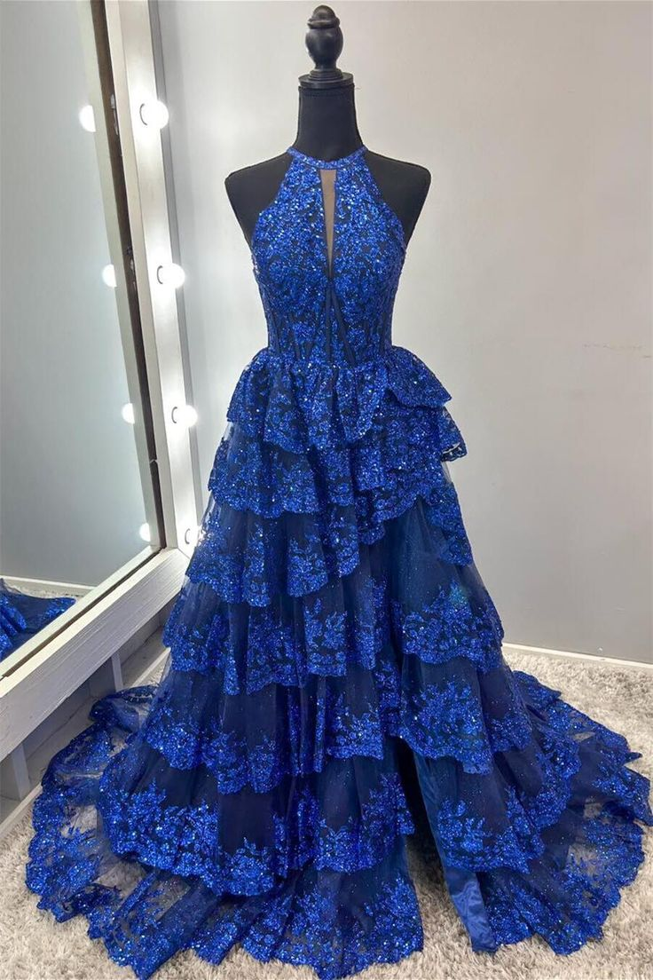 Elegant A Line Halter Royal Blue Satin Prom Dress Evening Dresses With Ruffles C3361