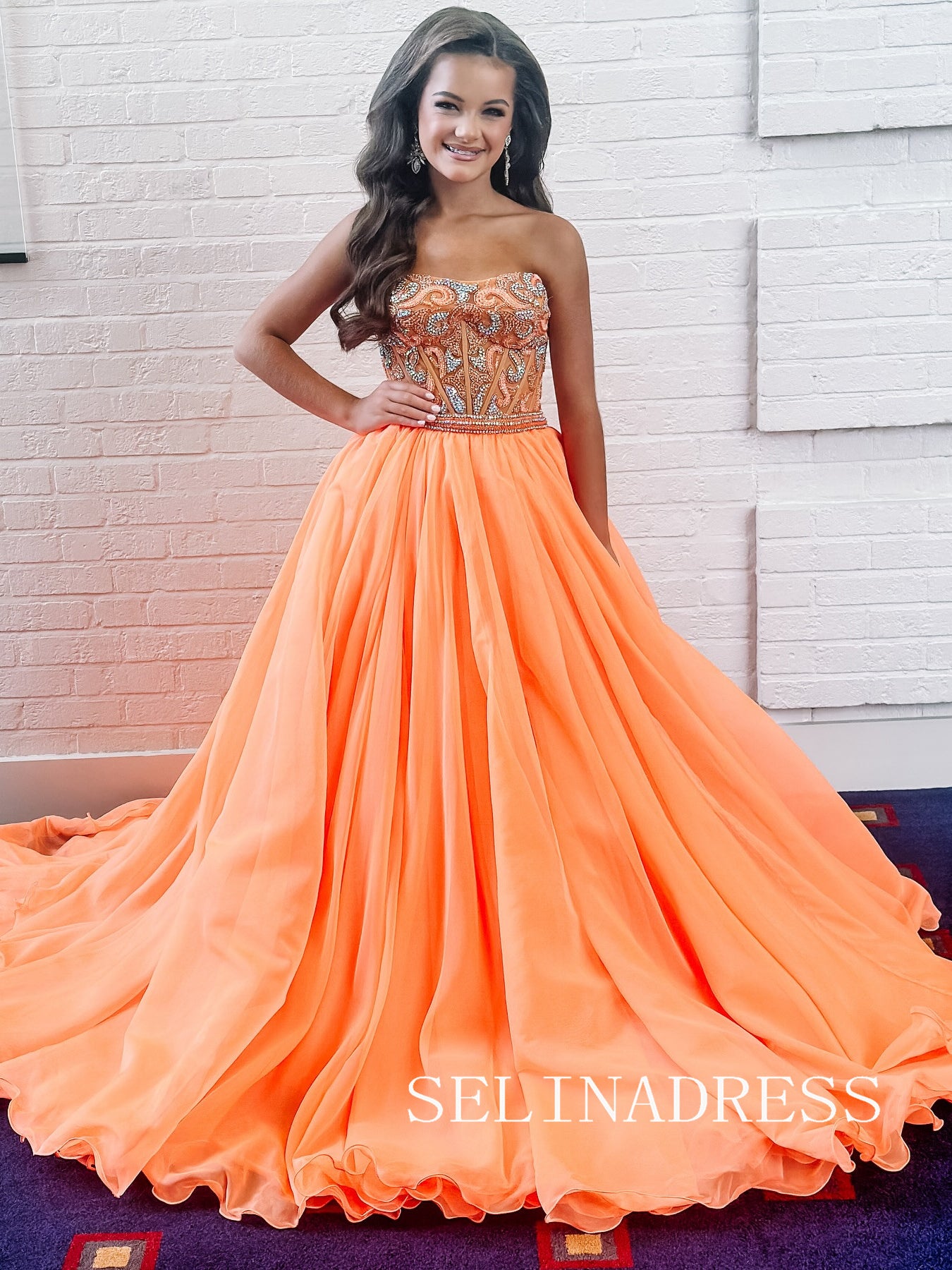 A-line Orange Long Prom Dress Elegant Beaded Evening Dresses REN018|Selinadress