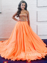 A-line Orange Long Prom Dress Elegant Beaded Evening Dresses REN018|Selinadress