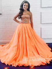 A-line Orange Long Prom Dress Elegant Beaded Evening Dresses REN018|Selinadress