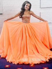 A-line Orange Long Prom Dress Elegant Beaded Evening Dresses REN018|Selinadress