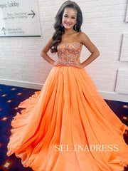 A-line Orange Long Prom Dress Elegant Beaded Evening Dresses REN018|Selinadress
