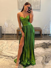 A-line Sleeveless Floor-Length Metallic Prom Dress with Pleated Split lpk806|Selinadress