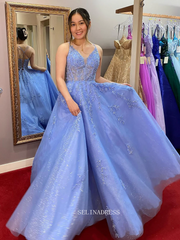 A-line Spaghetti Straps Sparkly Beaded Long Prom Dress sew1054|Selinadress