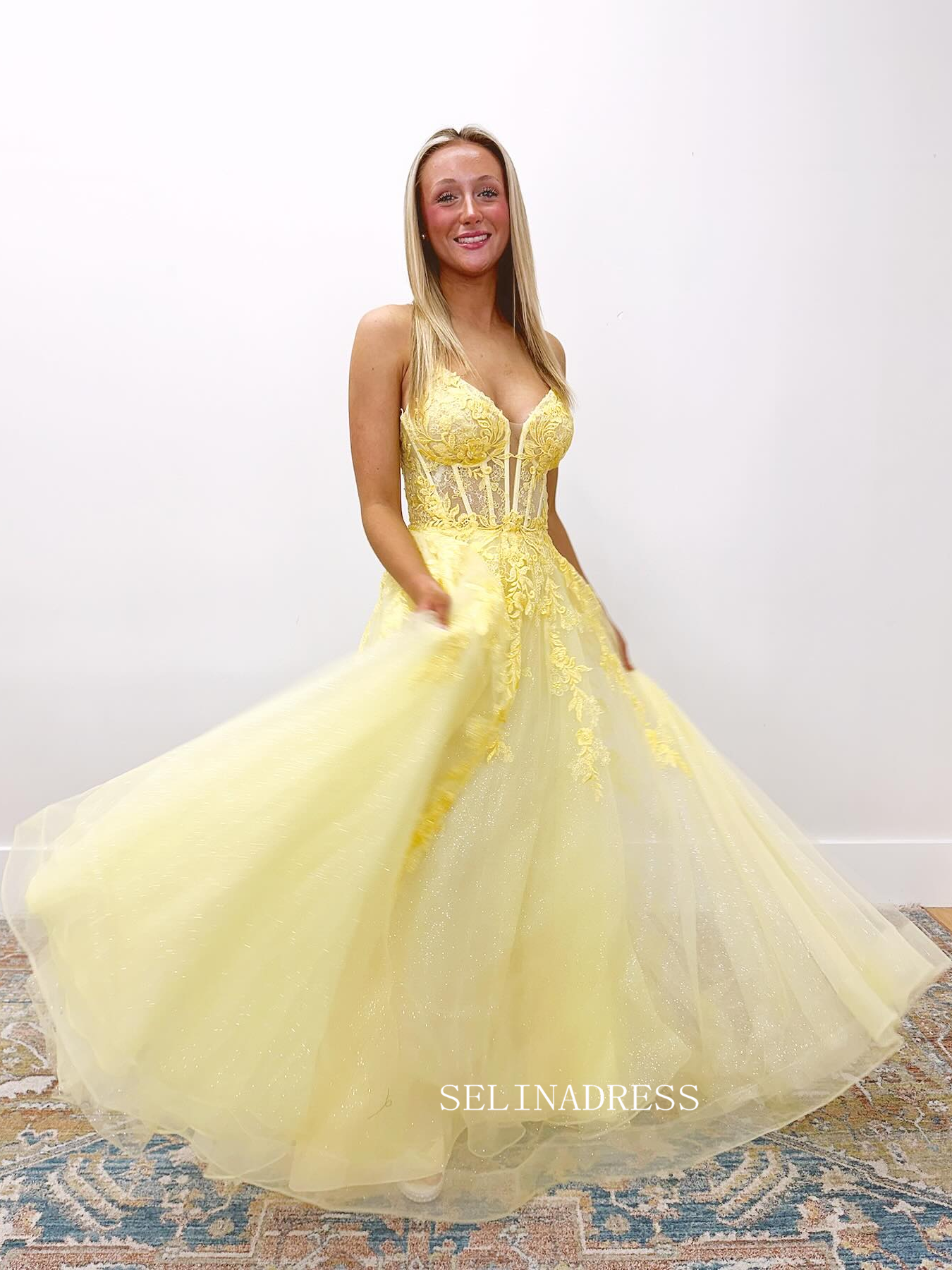 A-line Spaghetti Straps Yellow Sparkly Lace Long Prom Dress sew1069|Selinadress