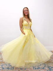 A-line Spaghetti Straps Yellow Sparkly Lace Long Prom Dress sew1069|Selinadress