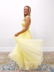 A-line Spaghetti Straps Yellow Sparkly Lace Long Prom Dress sew1069|Selinadress