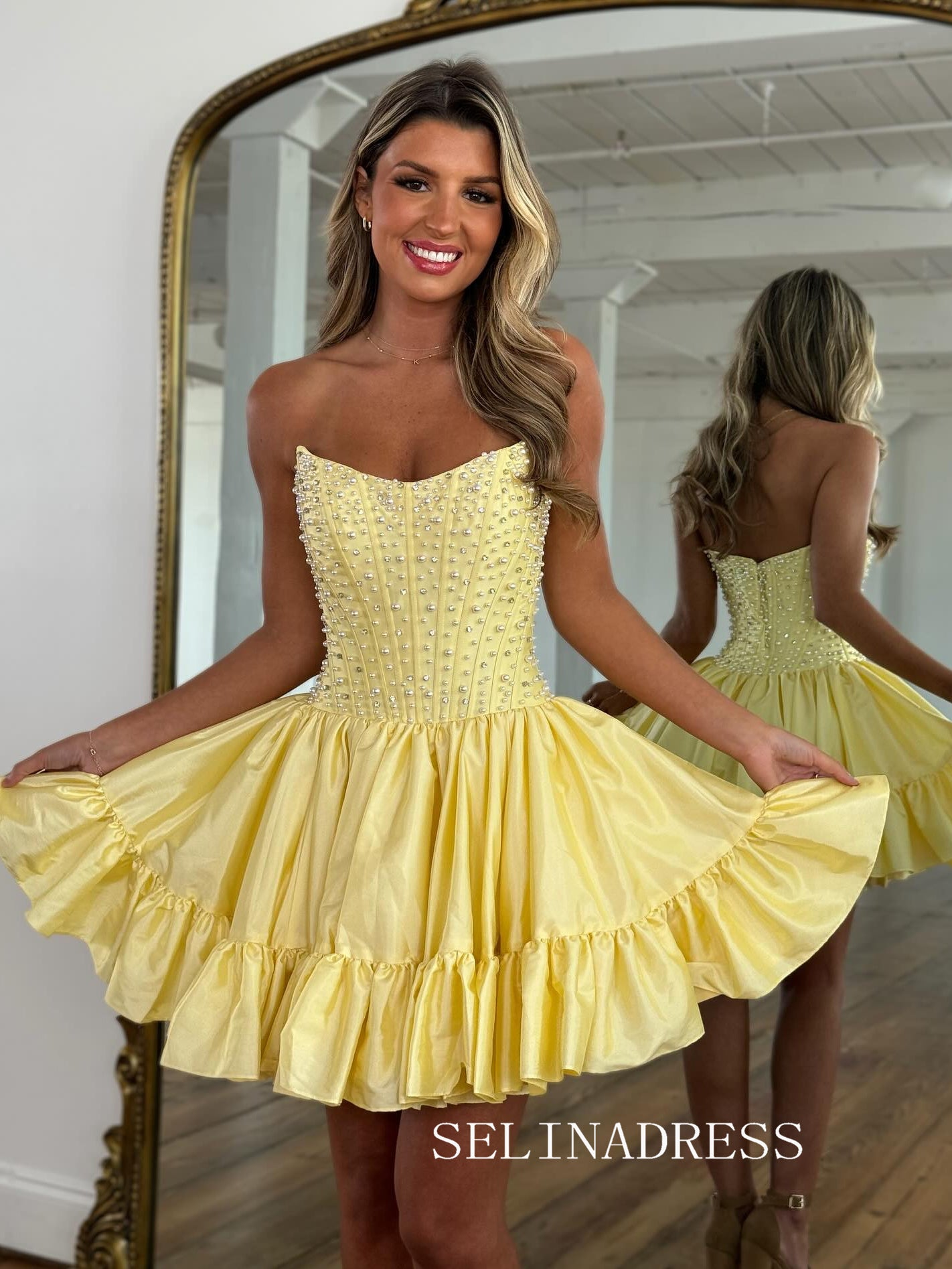 A-line Strapless Beaded Short Prom Dress Yellow Homecoming Dress #SEA245|Selinadress