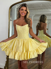 A-line Strapless Beaded Short Prom Dress Yellow Homecoming Dress #SEA245|Selinadress