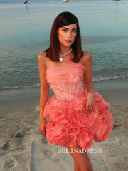 A-line Strapless Ruffles Short Prom Dress Unique Homecoming Dress KTS048|Selinadress