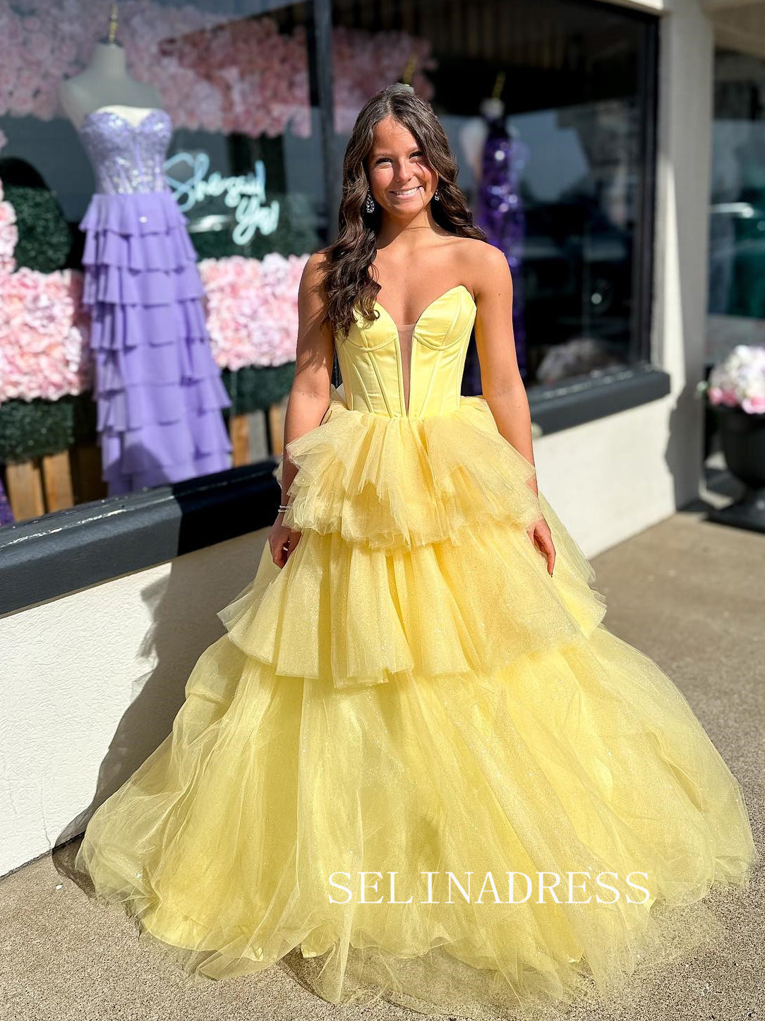 A-line Strapless Yellow Long Prom Dress Layered Evening Dress ABB246|Selinadress