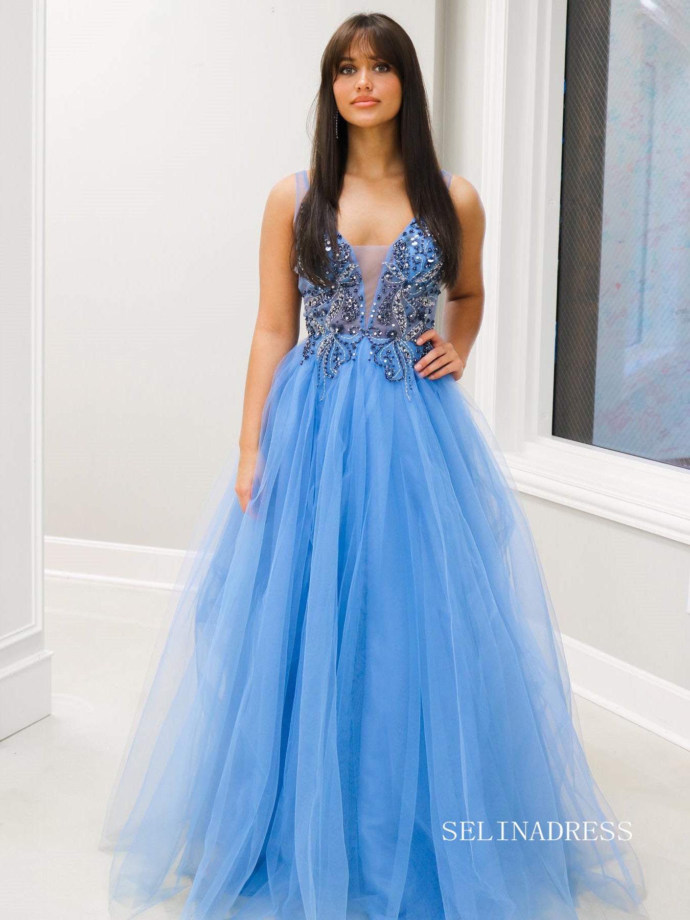 A-line Straps Beaded Blue Long Prom Dress lpk802|Selinadress