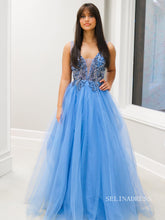 A-line Straps Beaded Blue Long Prom Dress lpk802|Selinadress