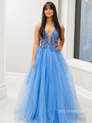 A-line Straps Beaded Blue Long Prom Dress lpk802|Selinadress