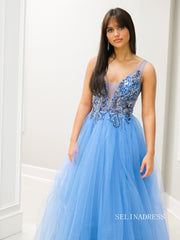 A-line Straps Beaded Blue Long Prom Dress lpk802|Selinadress