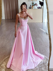 A-line Straps Pink Beaded Long Prom Dress SEW1124|Selinadress