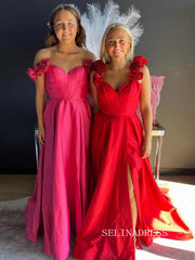 A-line Straps Red Satin Prom Dress With Slit lpk590|Selinadress