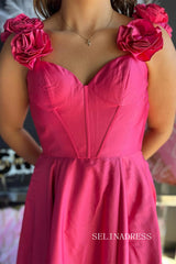 A-line Straps Red Satin Prom Dress With Slit lpk590|Selinadress