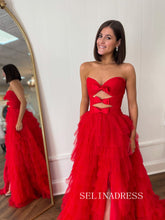 A-line Sweetheart Red Long Prom Dresses Layered Tulle Evening Gowns lpk514|Selinadress