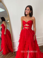 A-line Sweetheart Red Long Prom Dresses Layered Tulle Evening Gowns lpk514|Selinadress