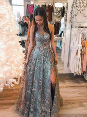 A-line V-neck Stylish Tulle Grey Lace Long Prom Dresses Evening Gowns LPK281|Selinadress