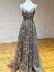 A-line V-neck Stylish Tulle Grey Lace Long Prom Dresses Evening Gowns LPK281|Selinadress