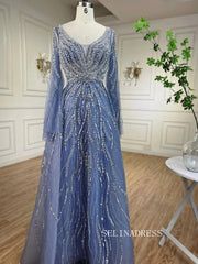 A-line V neck Long Sleeve Beaded Prom Dresses Unique Evening Gowns LA72099|Selinadress
