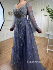 A-line V neck Long Sleeve Beaded Prom Dresses Unique Evening Gowns LA72099|Selinadress