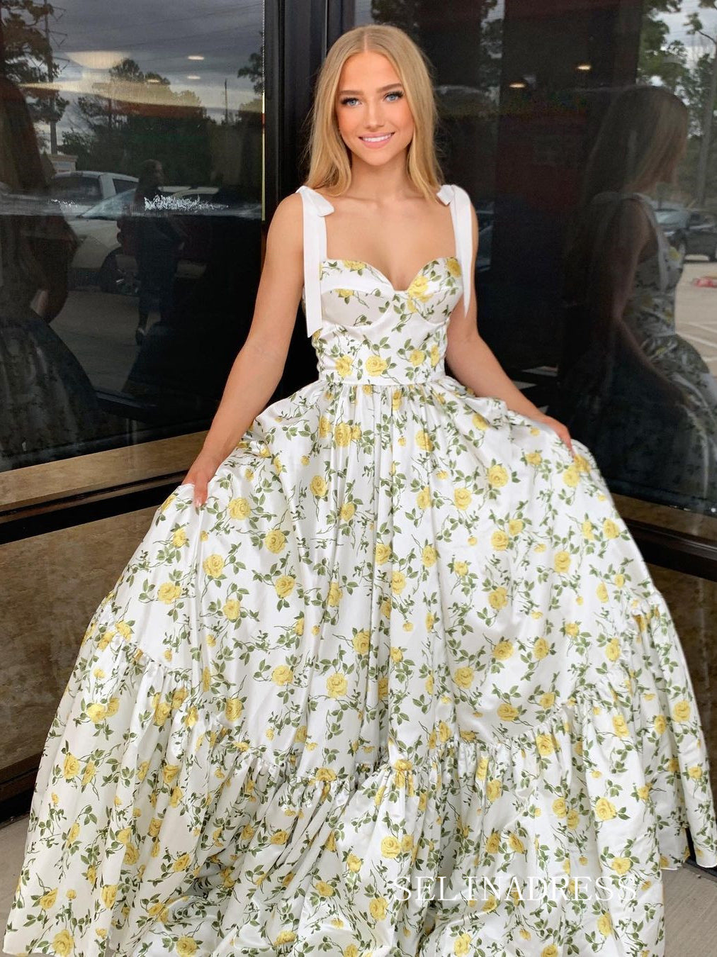 A-line White Yellow Floral Long Prom Dresses Satin Evening Dress sew1008|Selinadress