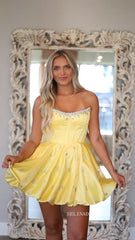 A-line Strapless Yellow Short Homecoming Dress With Beads #SEA248