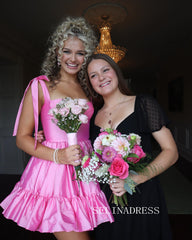 A-line Sweetheart Hot Pink Short Prom Dress Cute Satin Homecoming Dress JKW011|Selinadress